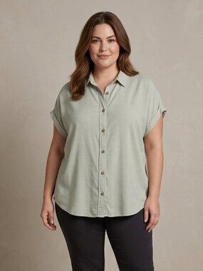 Tilley Women's Size XXL Sage Green White Stripe Tencel Button Down Shirt